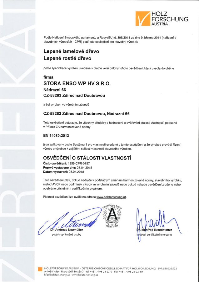 Osvedčenie o stálosti vlastností – BSH lepené hranoly (EN 14080 · č. 1359-CPR-0757)
