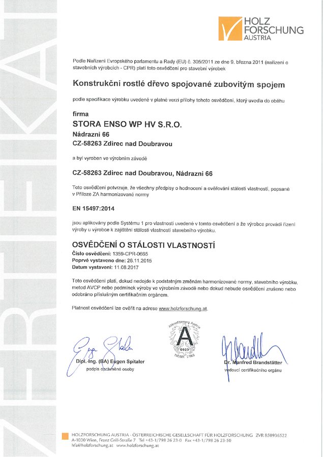 Osvedčenie o stálosti vlastností – KVH konštrukčné hranoly (EN 15497 · č. 1359-CPR-0665)
