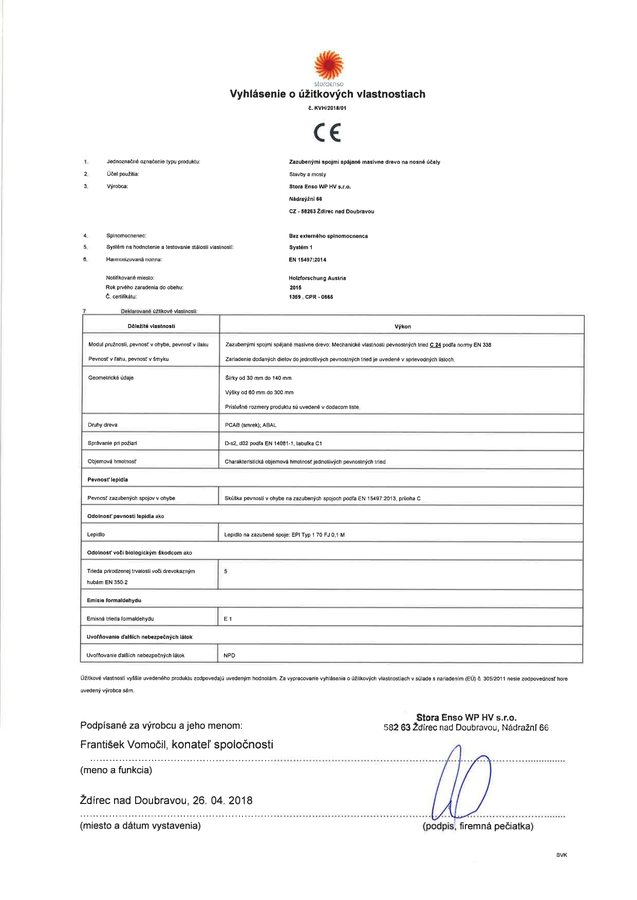 Vyhlásenie o úžitkových vlastnostiach (CE) – KVH konštrukčné hranoly (č. KVH/2018/01 · C24)